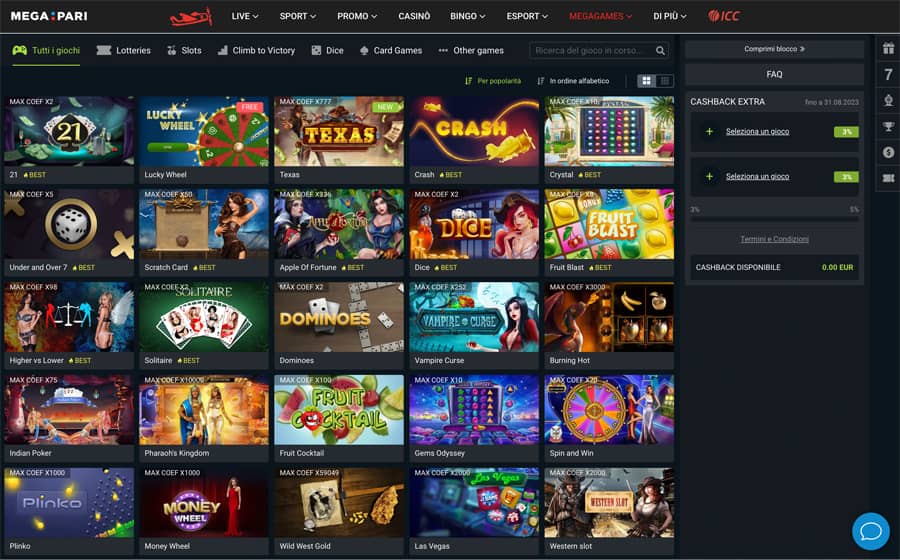 screenshot mini giochi megapari
