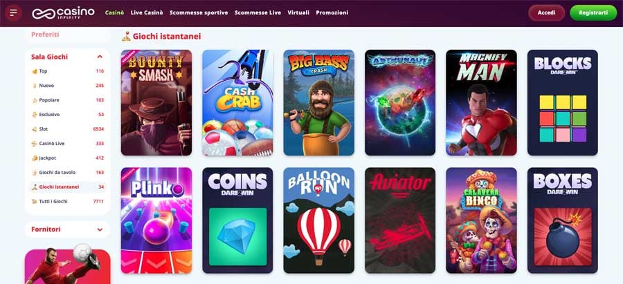 screenshot mini giochi casino infinity