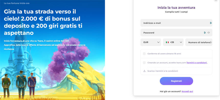 registrazione tsars casino