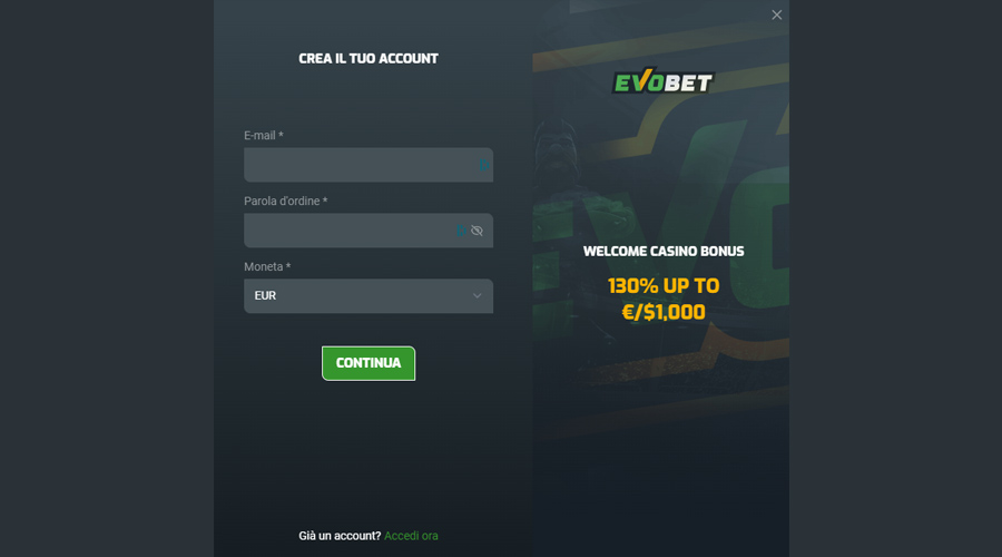 registrazione evobet