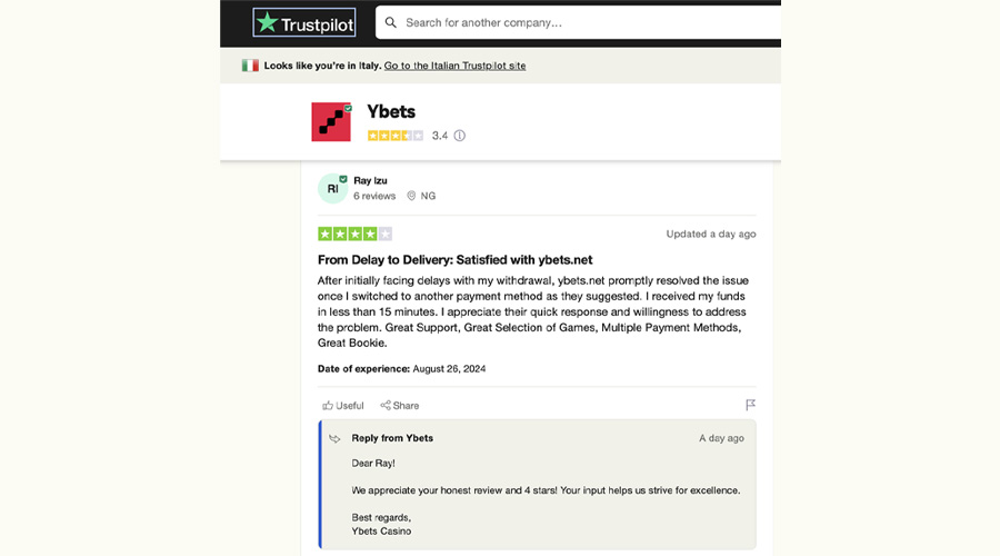 recensione trustpilot ybets