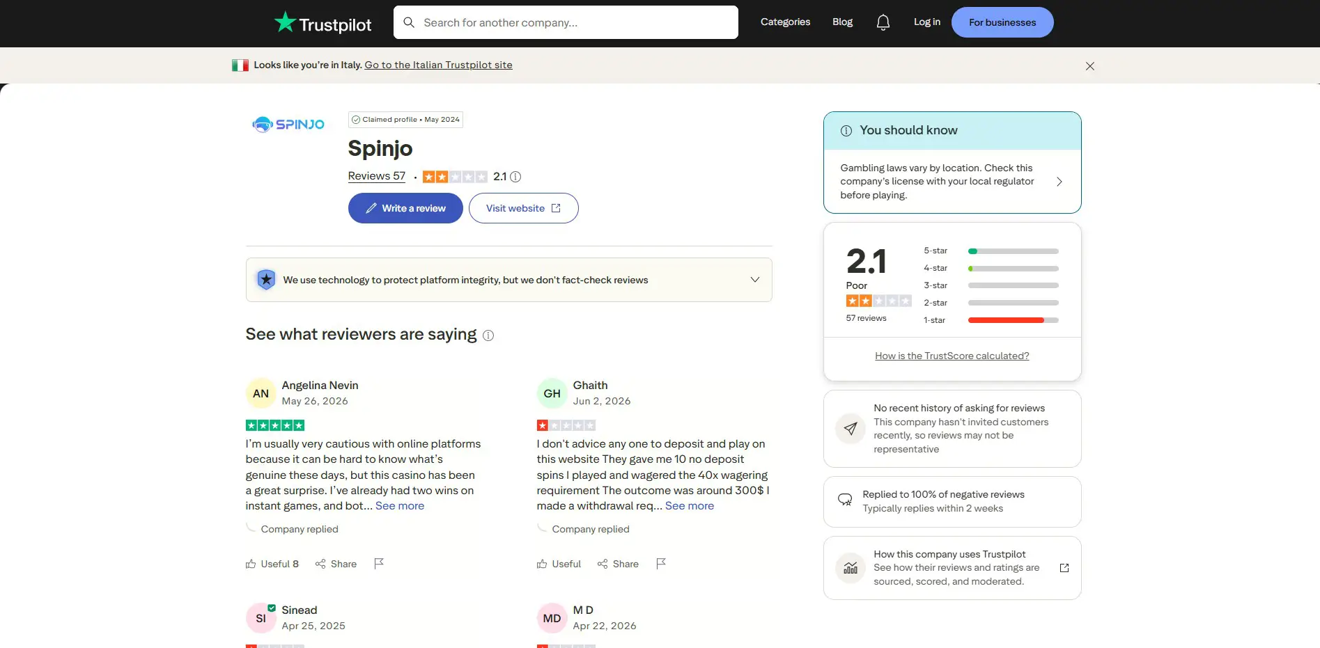 trustpilot spinjo